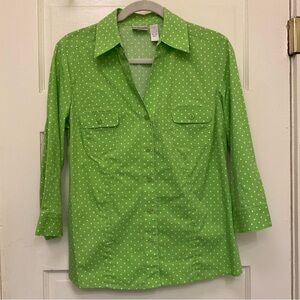 Chico’s Green Polka Dot Button-Up Shirt Blouse Size 1